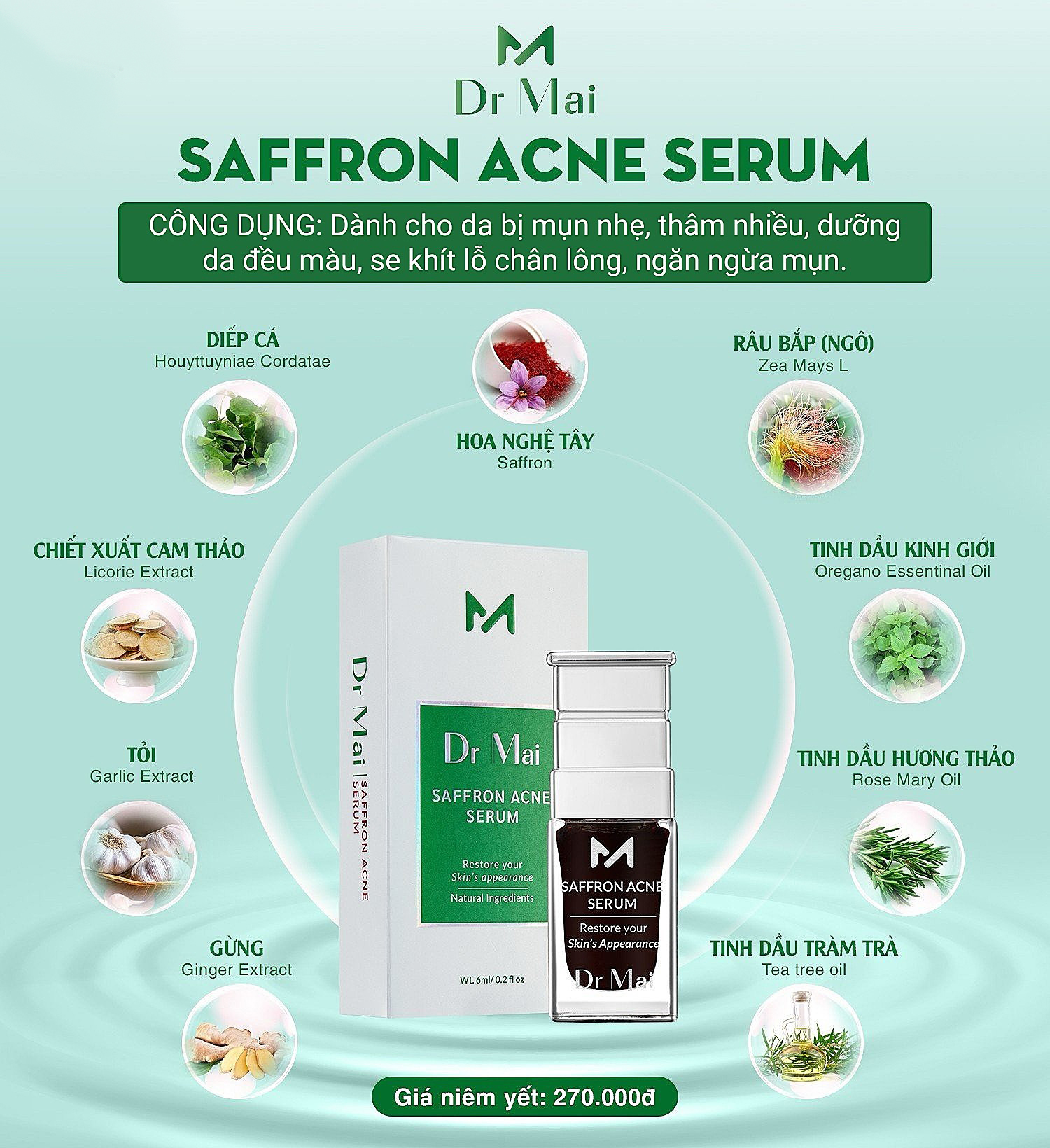 Dr Mai Saffron ACNE Serum - Dành cho da mụn nhẹ, thâm nhiều
